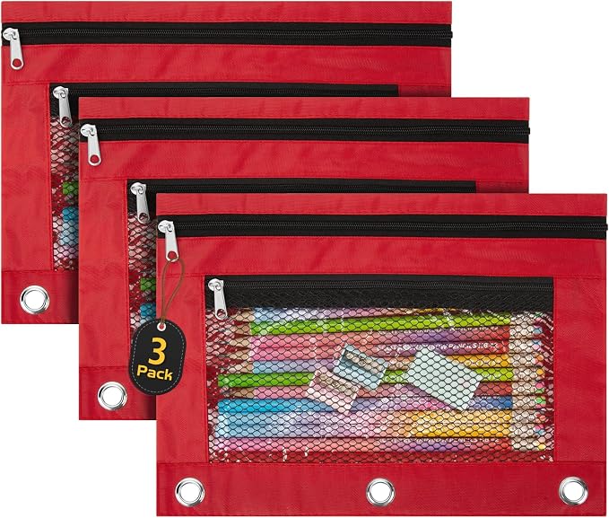 3 Pack Pencil Pouch for 3 Ring Binder Bulk Binder Pouch with Zipper for Classroom Box Pencil Case for Storing School Students Teacher Supplies,Red