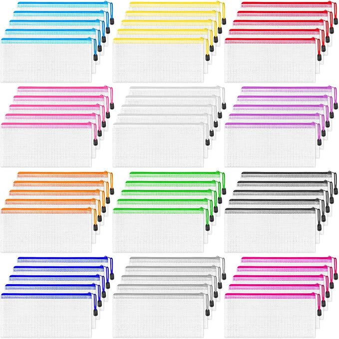 60 Pack Pencil Pouch Bulk, 9.5" x 4.5" Mesh Zipper Pouch, 12 Colors | Small Clear Zipper Pouch Pencil Case for Supplies Storage, Travel, Cash, Cosmetics, Office with Translucent Waterproof PVC