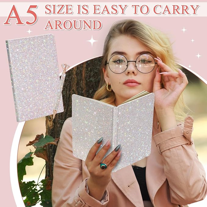 Rhinestone Pen & Glitter Notebook Set, Hard Cover Bling Diary Journal for Girls, Cute School Supplies for Back to School, Sparkly Desk Accessories Gift for Women(Rhinestone,A5,Silver)