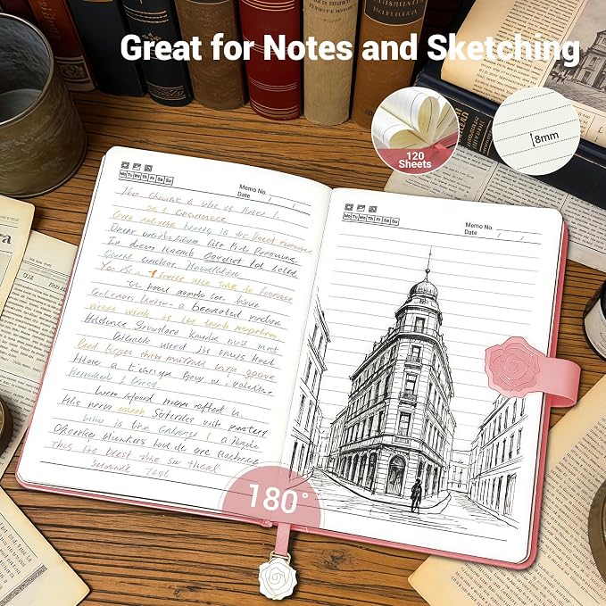 Aocii leather Journal for Women, A5 lined Daily Journal Notebook, Bullet Journaling for Writing, Hardcover Vintage Travel Journals, 224 Pages, Pen included (Pink)