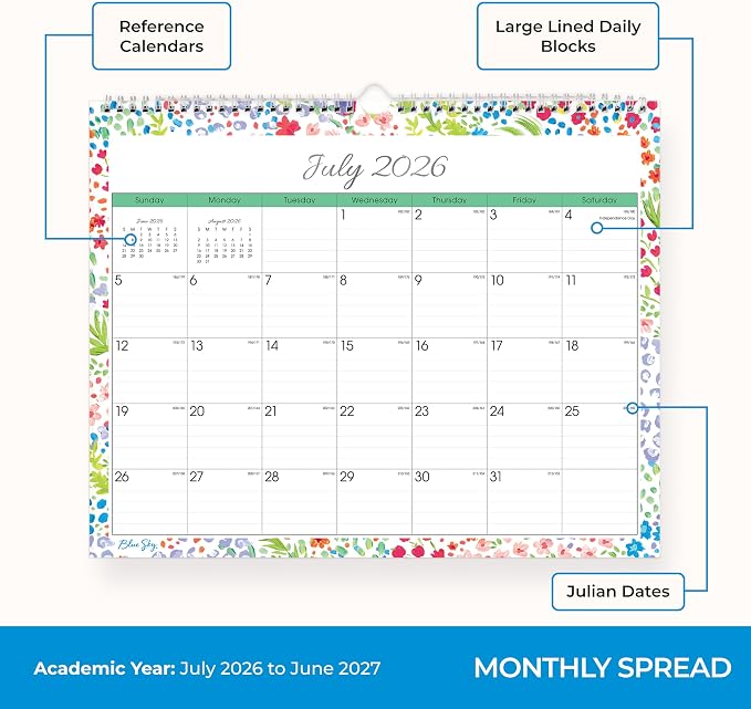 Blue Sky 2026-2027 Monthly Academic Wall Calendar, 15"x12", Ditsy Dapple | July 2026 - June 2027, Durable Twin Wire Binding, For Office And Classroom, Academic Year