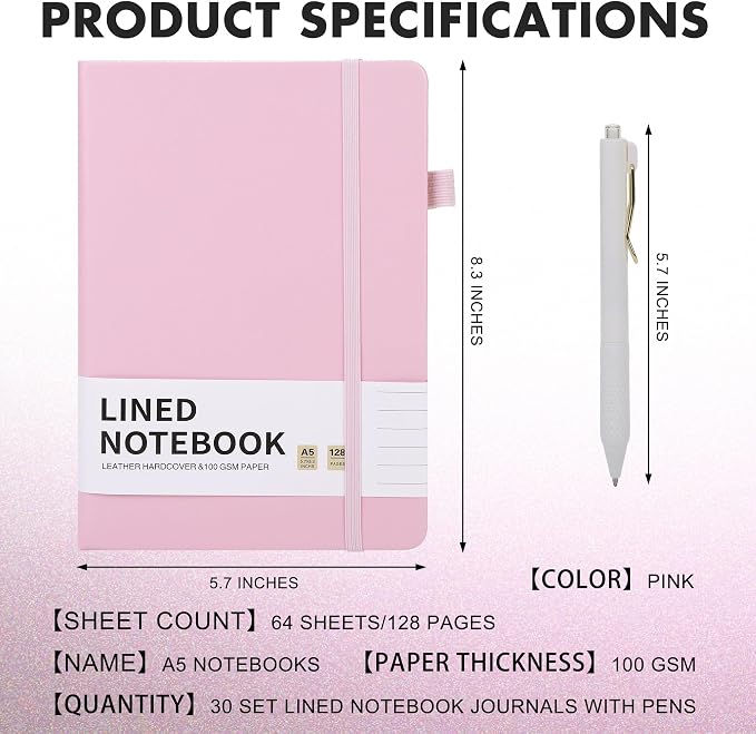 Aodaer 30 Set Lined Notebook Journals with Pens A5 Notebooks 100 GSM College Ruled Hardcover Notebook PU Leather Notepad with Pen Holder for Office School, 5.7 x 8.3 Inches, Pink
