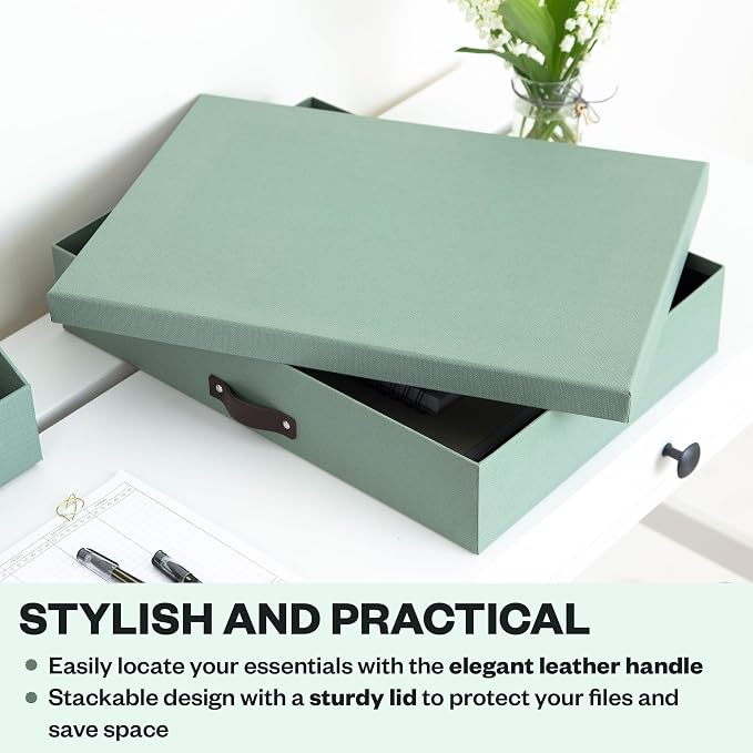 Bigso Sverker Fiberboard Document Storage Box with Lid for A3 and Legal Size Papers, Magazines, and Art - Sturdy, Stackable Keepsake Box with Leather Handle - W17.1in x D12.2in x H3.3in - Soft Teal