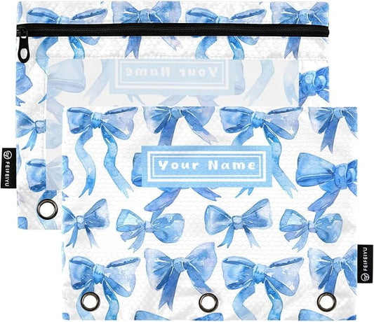 Custom Binder Pencil Pouches Personalized Blue Ribbon Bows Watercolor Pen Case | Clear Window 3 Rings, Cosmetic Bags School Office Supplies Cosmetic Makeup Bag 2 Psc