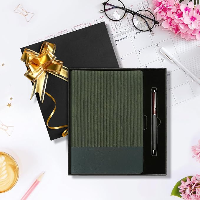 TSFPapier A5 Lined Notebook with Pen & Gift Box 216 Pages PU Leather Journal for Women Men 100GSM Thick Paper College Ruled Notebook for Gifts, School,Travel,Business,Work,Home Writing (Dark Green)