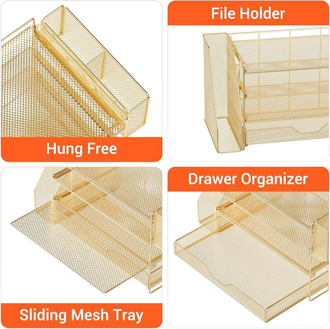 OPNICE Desk Organizer, 4-Tier Desktop File Organizer with Drawer and Pen Holders, Office Desk Accessories, File Sorters, Workspace Organizers for Office Supplies(Gold - Metal Pen Holder)