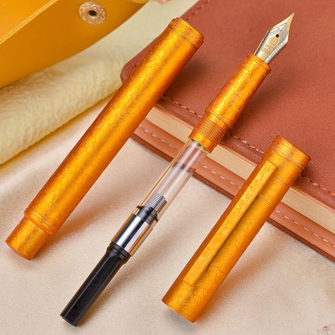 Hongdian 1851 Forest Fountain Pen Golden Ice Flowers, Bent Nib Classic Design with Converter and Metal Pen Case