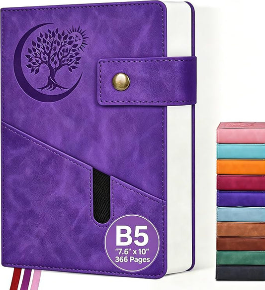 PAIBAS 7.6 x 10 Lined Notebook Journal 366 Pages Leather Journal for Women | Large notebook B5 journal with 100gsm lined notebook paper college ruled, 3 ribbon bookmarks, cover pocket & brass snap.