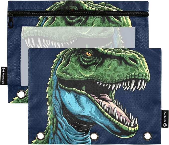 Green Dinosaur Pencil Pouch Fits standard 3-ring binders, Zipper Binder Pencil Bag with Clear Window for Office 2 Pack