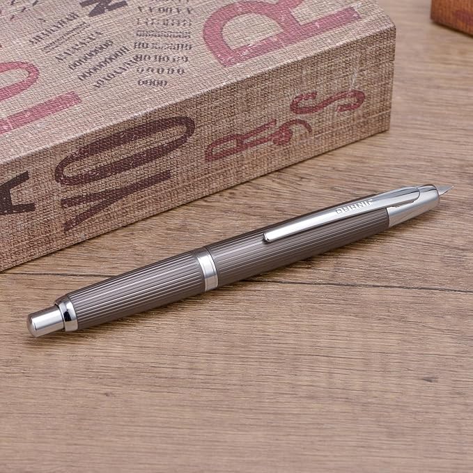 Jinhao 10 Press Fountain Pen with Box, Brushed Matt Gray Retractable Medium Nib with Ink Converter Set (Silver Clip)