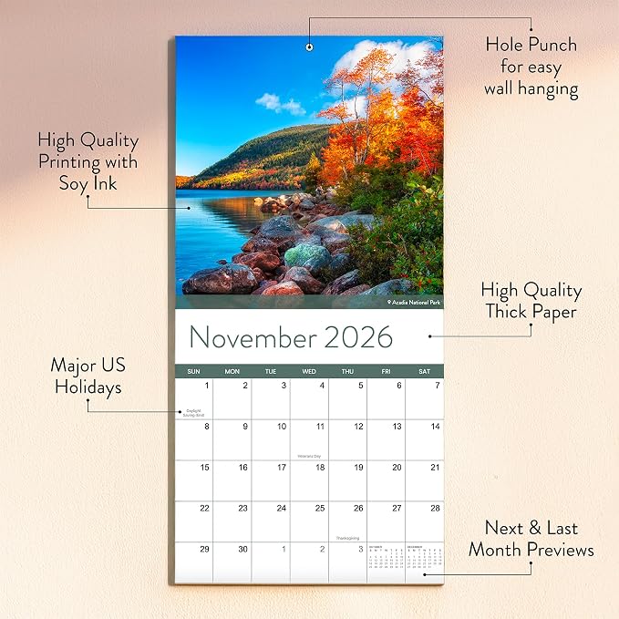 2026 National Parks Wall Calendar | Beautiful Outdoor Nature Landscapes Calendar of US State Parks Scenery for 2026, Great Calendar Stocking Stuffer Gift for Men or Women