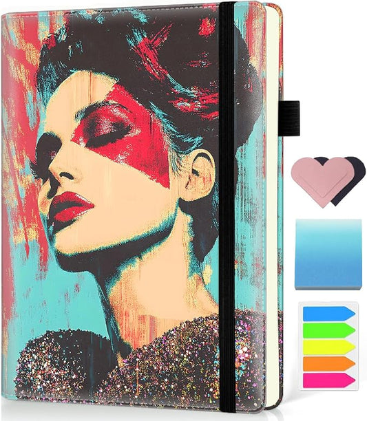 Hardcover Executive Notebooks, A5 PU Leather Lined Journal Notebook, 200 Pages Thick Paper Subject Notebooks for School,Work,Home Writing Business Notebook, Diary Book ，Woman Portrait Doodle