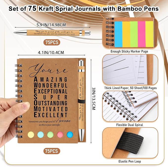 Jetec 75 Sets Inspirational Notebook Bulk Back to School Gifts Motivational Notebook with Pen and Sticky Notepad Employee Appreciation Gift for Teacher Student Coworker School Office (Amazing)