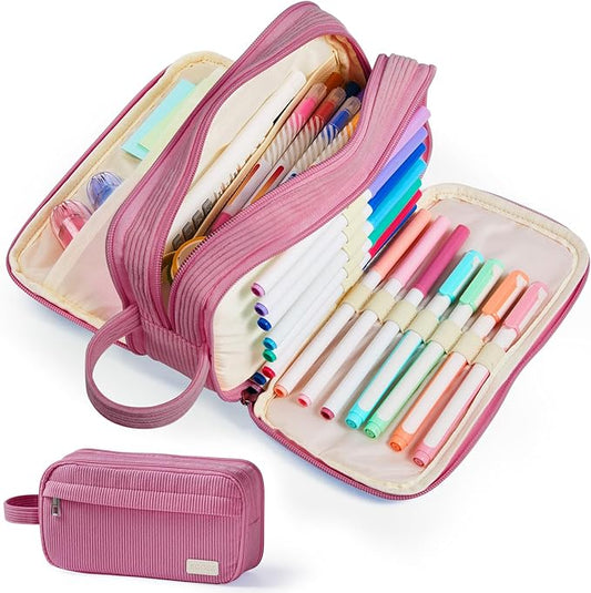 Sooez High Capacity Pencil Case, Soft Corduroy Pencil Pouch with 4 Compartments, Multiple Pockets, Large Bag with Sturdy Zipper, Cute Case Pouch Organizer for Student Teen Girls, Dark Pink