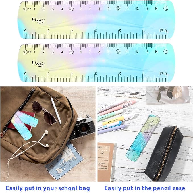 Mabor 2 Pieces Flexible Ruler, Color Plastic Ruler 6 inch | Shatterproof Straight Edge Plastic Soft Bendable for School Classroom Office Kids & Adults (6inch)