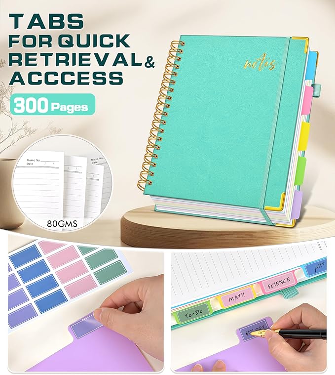 Hardcover Spiral Notebook Journal 8.5" x 11" Leather 5 Subject Notebook with Removable Dividers Tabs, 300 Pages Organizer Notebooks for Work School, College Ruled, Large Lined Journal for Women,Aqure