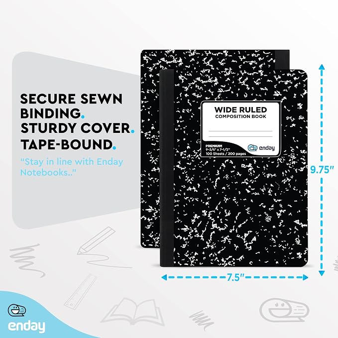 Enday Marble Composition Notebook Wide Ruled (12 Pack) 100 Sheets | Black Composition Notebook For Back to School, Home and Office