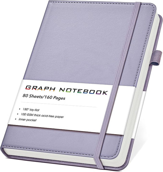 A5 Leather Hardcover Graph Paper Notebook, 160 Pages (5 Squares/Inch), 180° Lay-Flat Binding, 100 GSM Thick Paper, for Math, Engineering, Students & Technical Work (Purple)