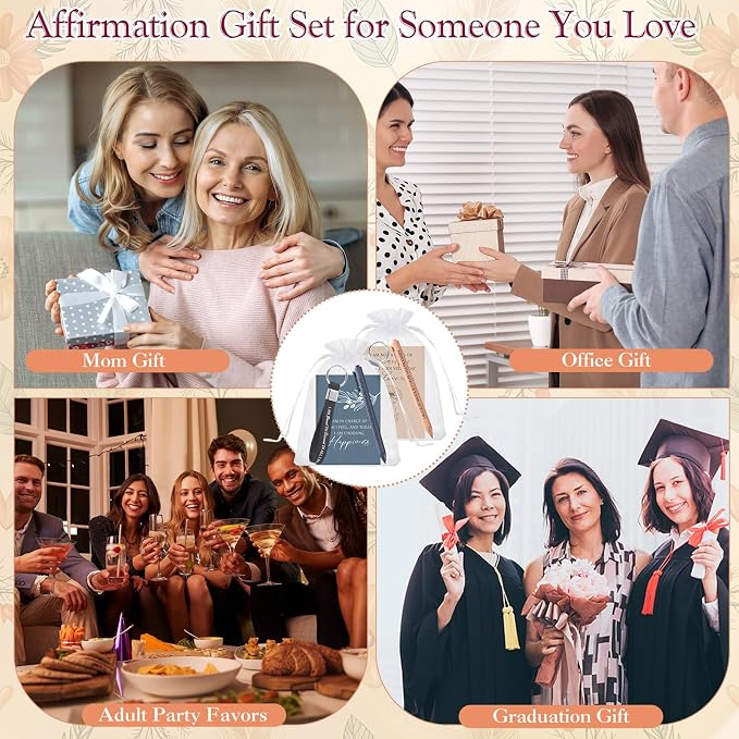 Mooliwe 12 Set Positive Affirmation Gift Set Gratitude Notebooks with Pens Keychains Small Bags Motivational Party Favors for Adult Women Coworkers Employee Group (Flower)