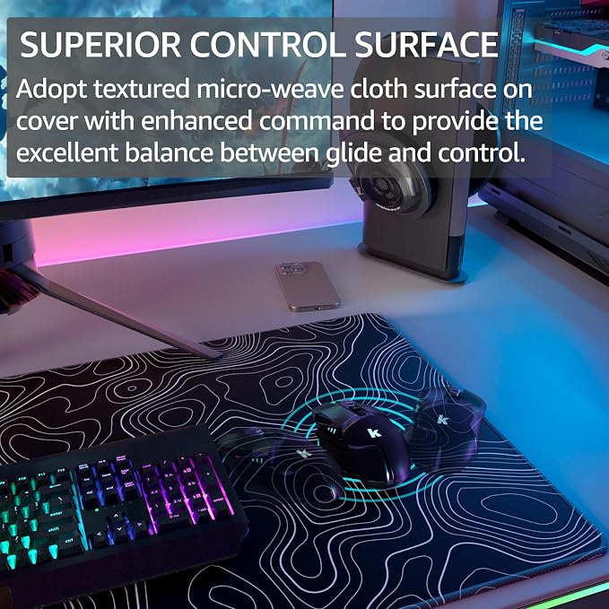 KTRIO Large Gaming Mouse Pad, 31.5 x 15.7 in, Black Topographic, XXL | Smooth Micro-Weave Surface, Artistic Pattern Design, Non-Slip Rubber Base, Durable Stitched Edges, Office & Home Use