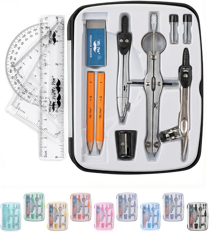 Mr. Pen- Geometry Set, 13 pcs, 3 Metal Compasses, Protractor, 6" Ruler | 45° & 30°/60° Set Squares, Pencils, Lead Refills, Sharpener & Eraser for Math, Drafting & Classroom Use