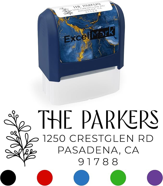 ExcelMark Custom Return Address Stamp (Navy, Foliage Edge) | Custom Return Address Stamp with Elegant Designs, Vibrant Colors & Patterns – Perfect for Mail, Invitations & Gifts