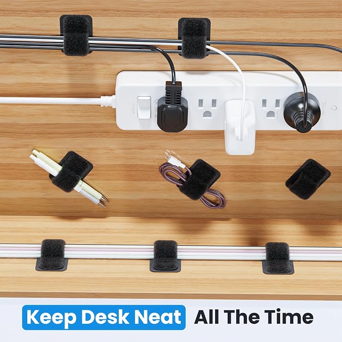 Cable Management Under Desk, Enhanced up to 15 Cord Organizer 20 Pair-Black | Reusable, No Residue Left, Adjustable Hook and Loop Cable Ties, Wire Hider Under Table, Home Office Essentials