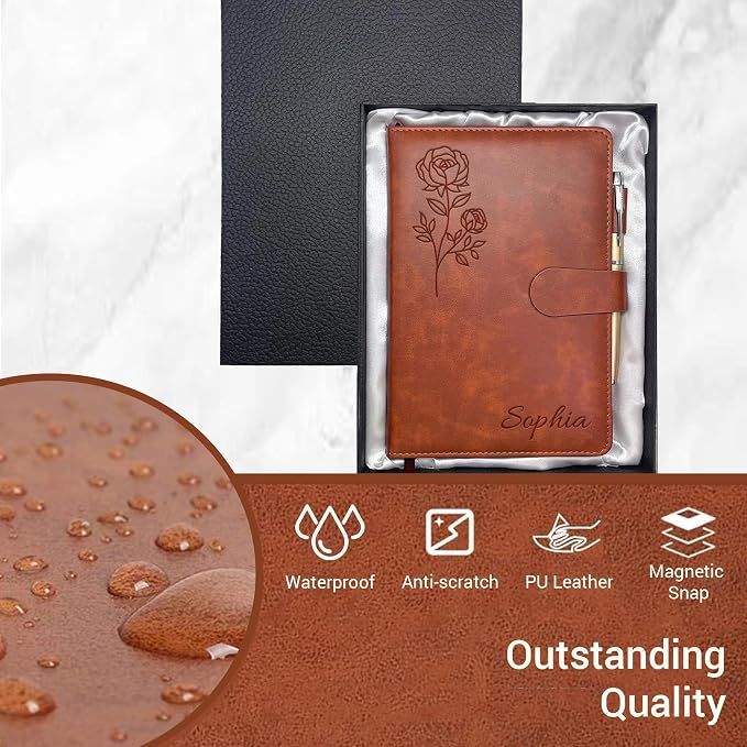 Personalized Leather Journal with Gifts Box & Pen, Birthday Gifts for Women | Custom Notebooks Diary with Engraved Birth Flower Name, Christmas Office Gift for Bridesmaid Students Teacher Mom Friend
