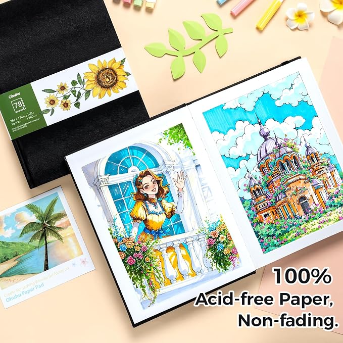 Ohuhu Marker Pads Art Sketchbook, 7"x10" Large Paper Size, 120 LB/200 GSM Drawing Papers, 78 Sheets/156 Pages, Hardcover Sketch Book for Alcohol Markers Christmas Gift
