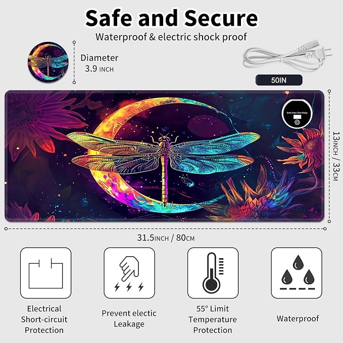 Warm Desk Pad,Heated Desk Pad,Office Mat,3 Heating Levels & 3 Hours Auto Shut-Off,31.5"*13" Gaming Mouse Laptop Keyboard Leather Desk Mat,Glitter Dragonfly Moon