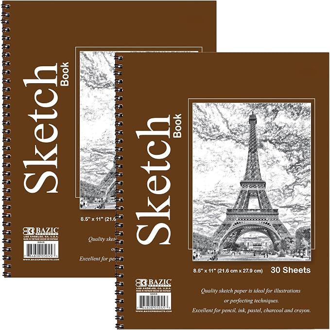 BAZIC Products Sketch Book, Side Bound, 8.5 x 11 in, 30 Sheets, 2-Pack | 30-sheet spiral sketch book, smooth drawing paper for sketching, shading