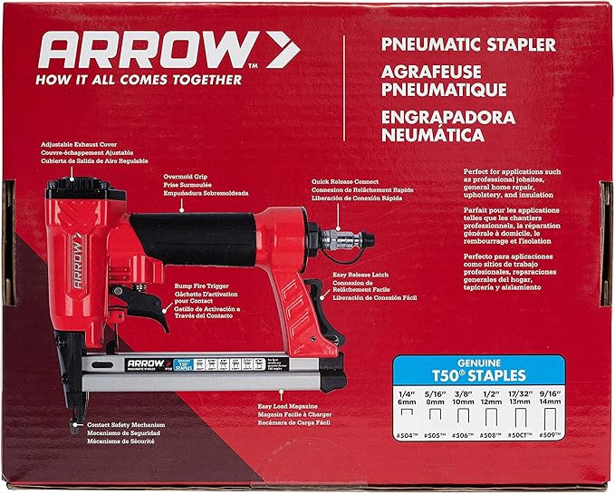 Arrow PT50 Oil-Free Pneumatic Staple Gun, Professional Heavy-Duty Stapler for Wood, Upholstery, Carpet, Wire Fencing, Fits 1/4”, 5/16”, 3/8", 1/2", 9/16” Staples , Red | Professional Stapler for Wood, Upholstery, Carpet, Wire Fencing, Fits 1/4", 5/16",...