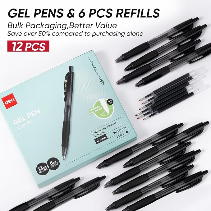 deli Gel Pens, Retractable 0.7mm Black Ink Pens, 12 Pcs Pens & 6 Refills | Medium Point Smooth Writing Pens, Quick-Dry No Bleed Comfort Grip for School, Office, Home Supplies