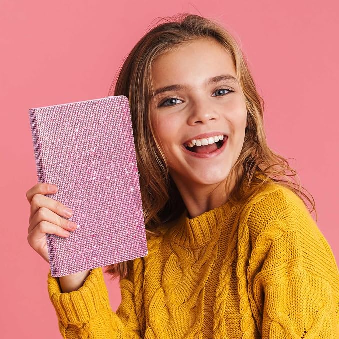 Rhinestone Pen & Glitter Notebook Set, Hard Cover Bling Diary Journal for Girls, Cute School Supplies for Back to School, Sparkly Desk Accessories Gift for Women(Rhinestone,A5,Pink)