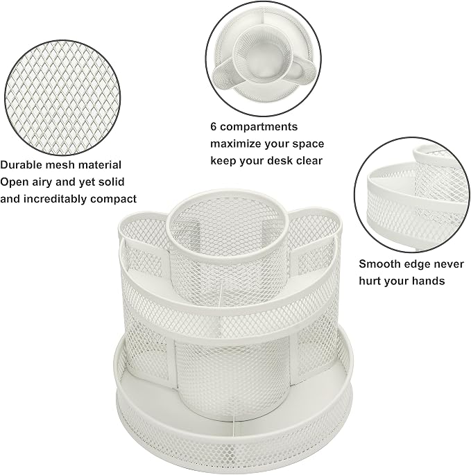 Annova Mesh Desk Organizer Rotate with 6 Compartments Round Spinning Tidy Candy/Pen Holder Desk Accessories Office, Art Supply, Storage, Classroom, Home (White)