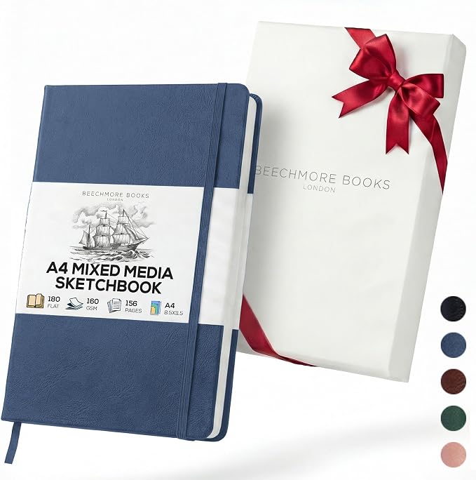 Beechmore Books A4 Mixed Media Sketchbook - 8.5"x11" Hardcover Lay-Flat Art Journal, 160 GSM / 98 lb Professional Ivory Paper, 156 Perforated Pages, Gift Box, Ink, Drawing and Light Watercolor