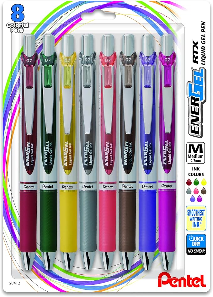 Pentel EnerGel RTX Retractable Liquid Gel Pen, (0.7mm) Medium Line, Metal Tip, Assorted Ink, 8 Pack (BL77BP8M3)