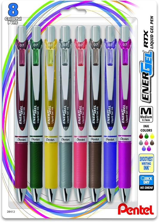 Pentel EnerGel RTX Retractable Liquid Gel Pen, (0.7mm) Medium Line, Metal Tip, Assorted Ink, 8 Pack (BL77BP8M3)