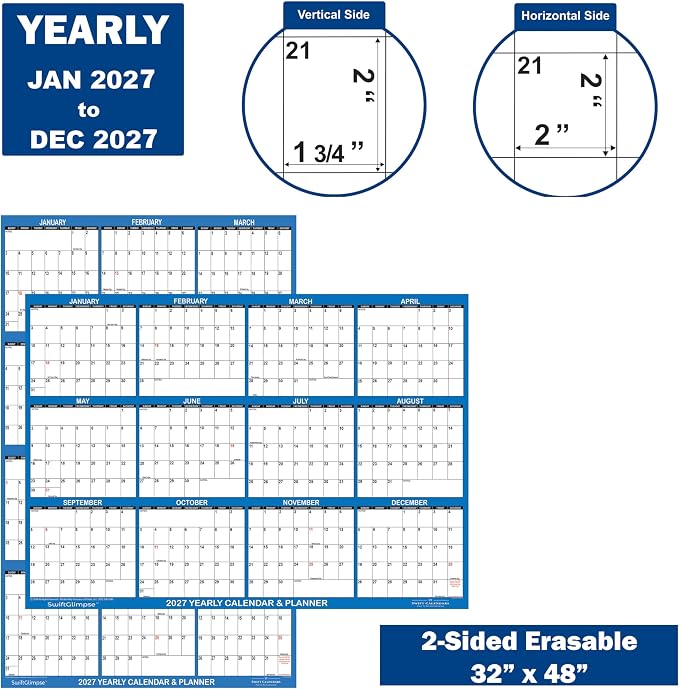32" x 48" SwiftGlimpse 2027 Wall Calendar Erasable XLarge Wet & Dry Erase Laminated 12 Month Annual Yearly Wall Planner, Reversible, Horizontal/Vertical, Dark Blue