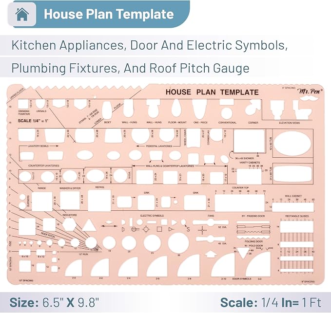 Mr. Pen- House Plan, 3 pcs, Interior Design and Furniture Templates | Clear Flexible Plastic, Drafting Tools, Ruler Shapes for Architecture, 1/4 Inch Scale, Kitchen, Bath, Bedroom, Office