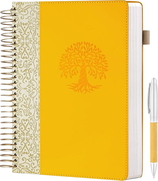 Spiral Notebook Leather Journal for Women, 300 Pages, 7X10,Yellow | Large Notebooks for School Office, Note Taking Notebooks for Writing Lined Notebook with Tabs Pockets Pen Holder