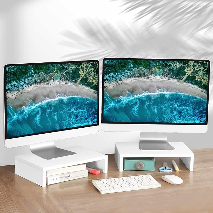 TEAMIX White Monitor Stand Riser - 2 Pack, Wood 2 Tier Adjustable Dual Monitor Riser for Laptop/PC Computer Stand for Desk