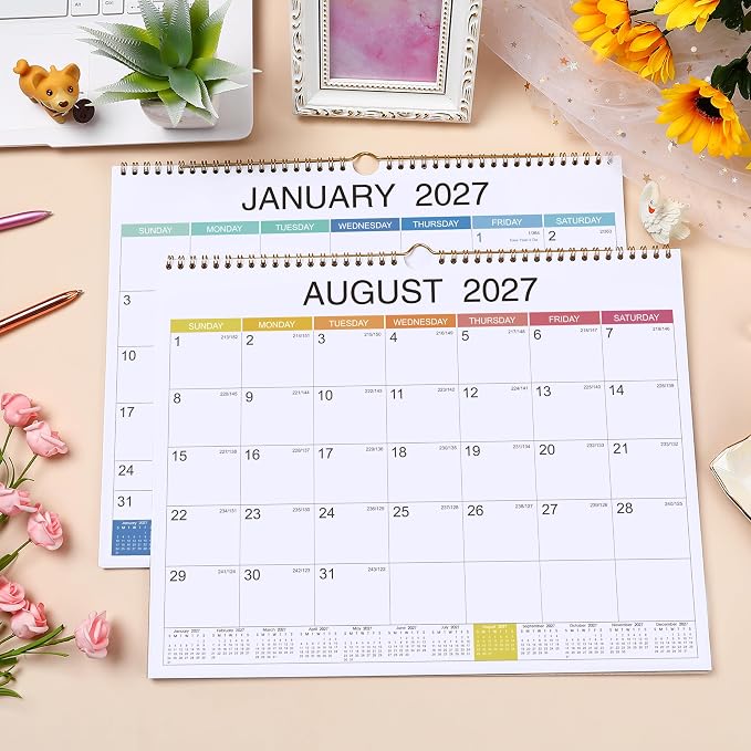 2027 Wall Calendar - Jan 2027 - Dec 2027, 12 Monthly Hanging Calendar 2027 Planner, 15" x 11.5", Spiral Binding, Yearly Overview, Holidays, Large Blocks, Perfect Organizer for Home & Office