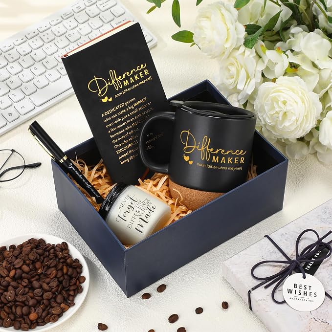 Vesici 4 Pcs Difference Maker Gift Set Mug Notebook Candle Pen,Black,Word