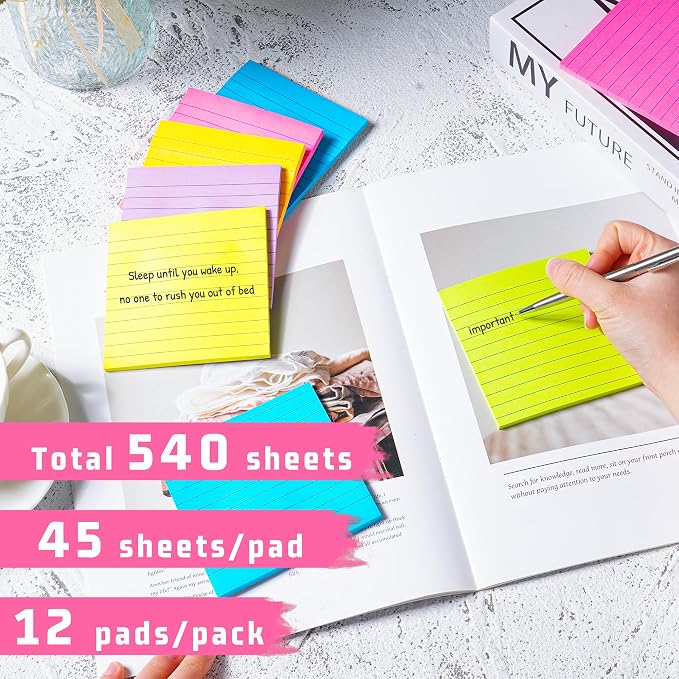 (12 Pads) Lined Sticky Notes 4x4 in Post, 6 Bright Colors with Lines Self-Stick Note Pads it, Strong Adhesive, 46 Sheets/Pad, 552 Sheets in Total