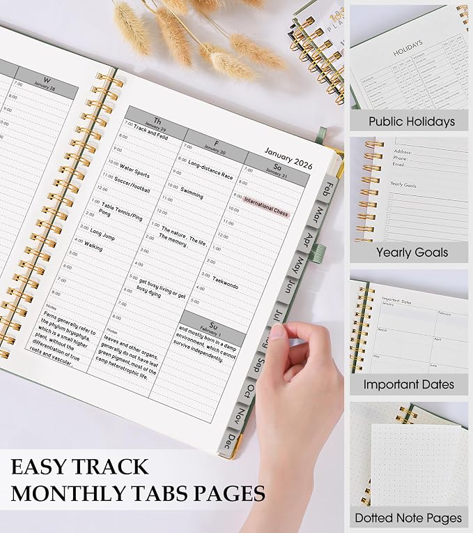 2026 Planner, Weekly and Monthly Calendar Planner from January 2026 - December 2026, 8.5" x 11" Hardcover Leather Hourly Appointment Book with Tabs, Spiral Daily Planners for School Work Home, Green