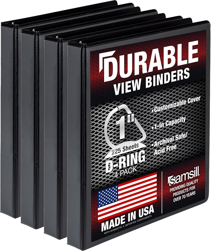 Samsill Durable 1 inch 3 Ring Binder, D Ring Binder, 100% Recycled Chipboard, Black, 4 Pack