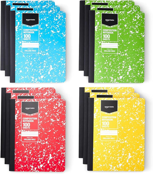Amazon Basics Composition Notebook, College Ruled, 100 Sheets, 9.75" x 7.5", Assorted Marble Colors, 12-Pack
