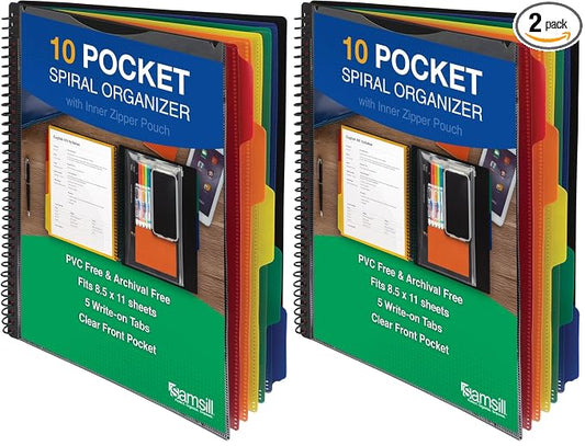 Samsill 10 Pocket Poly Organizer with 5 Dividers,File Folders Letter Size,Customizable Front Cover,Inner Zipper Pouch,Erasable Write-On Tabs in Assorted Colors,Plastic Folder with Pockets (Pack of 2)