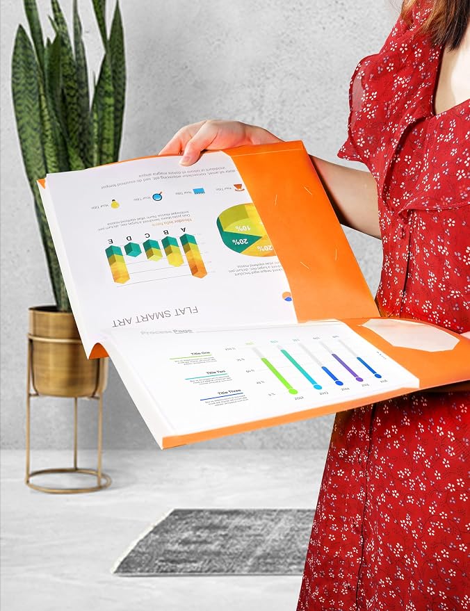 SUNEE Two Pocket Folders, 50 Pack File Folders with Business Card Slot, Textured Paper, Fit Letter Size Paper, Paper File Folder for School Office Home Business, Orange